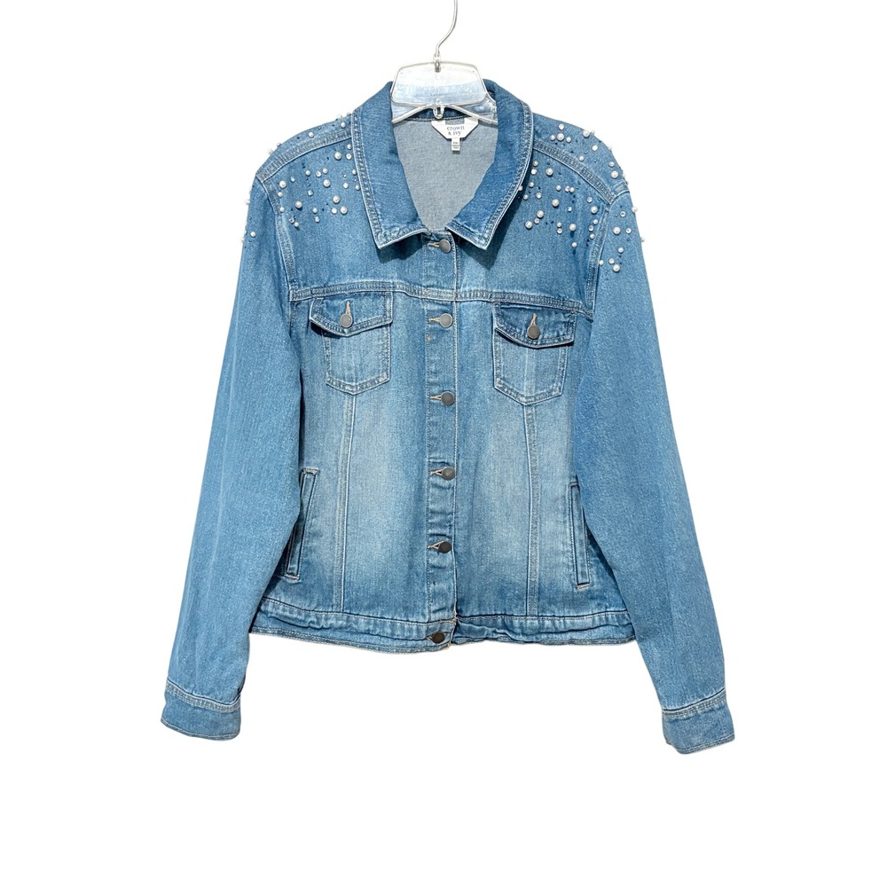 Crown‎ & Ivy Womens XXL Pearl Rhinestone Embellished Denim Jacket Med Wash Blue